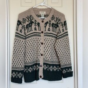 St. John's Bay Beige and Dark Green Fair Isle Knit Cardigan